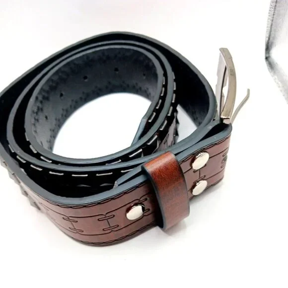 Double Row Studded Leather Belt Brown New - Picture 6 of 10